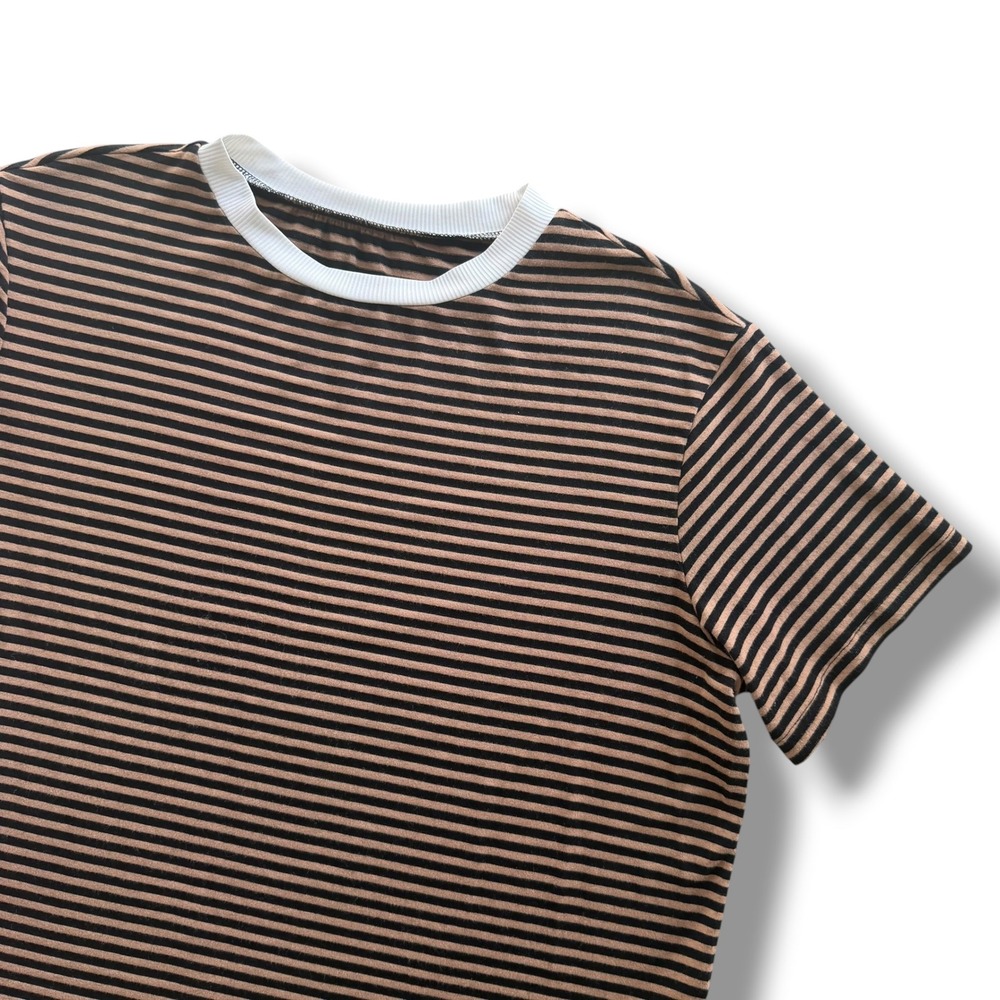 SHEIN Women's M Brown Black Striped Knit Short Sleeve CrewNeck T-Shirt Boho Cozy